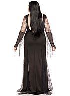 Morticia från Familjen Adams, maskeradklänning med långa ärmar, hög slits och paljetter, plus size